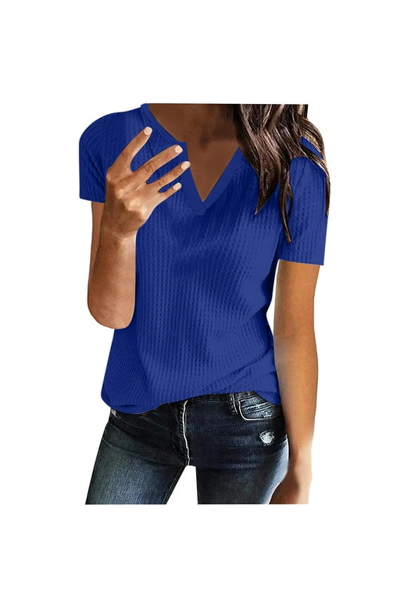 Womens T Shirts Short Sleeve Tunic Tops Notched V Neck Slim Casual Plain Tees Summer Blouses