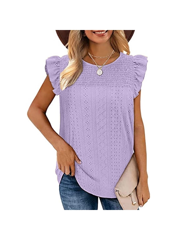Womens Tank Tops Sleeveless Eyelet Crew Neck Ruffled Blouse Tops Casual Summer Dressy Shirts Tops