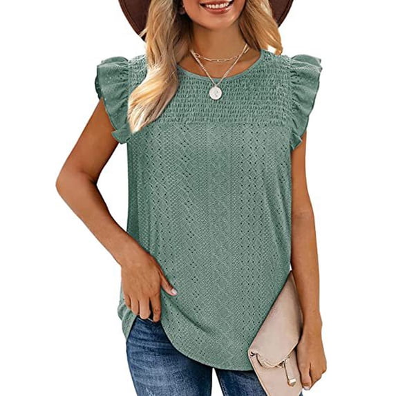 Chbgutlmr Womens Tank Tops Sleeveless Eyelet Crew Neck Ruffled Blouse Tops Casual Summer Dressy Shirts Tops