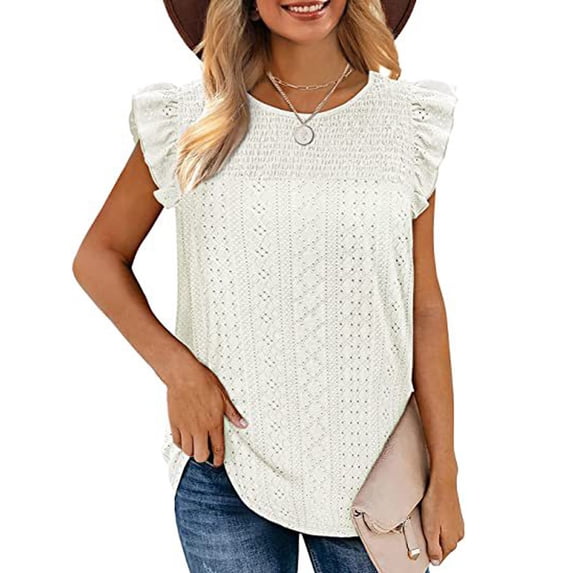 Chbgutlmr Womens Tank Tops Sleeveless Eyelet Crew Neck Ruffled Blouse Tops Casual Summer Dressy Shirts Tops