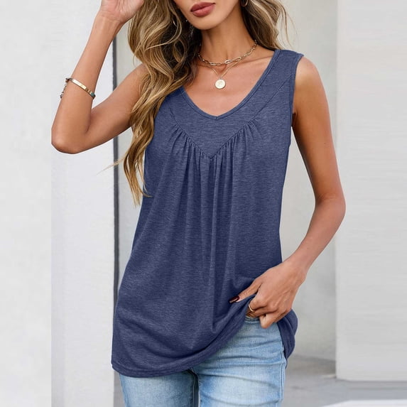 Chbgutlmr Womens Tank Tops Sleeveless V Neck Ruched Front T-Shirts Casual Loose Summer Comfy Plain Tee Tops