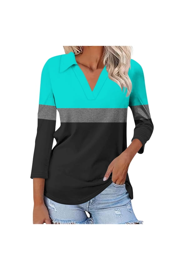 Womens Tops 3/4 Sleeve Shirts Turn down Collar Notch Neck Color Block T-Shirts Casual Comfy Basic Tee Tops