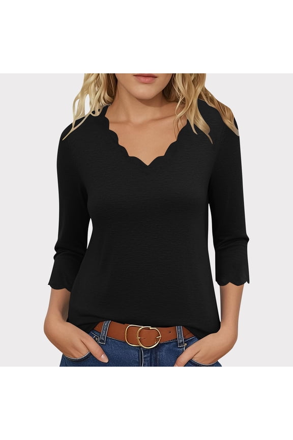 Womens Tops 3/4 Sleeve Wave Edge V Neck Blouse Shirts Casual Summer Dressy Solid Color T-Shirts