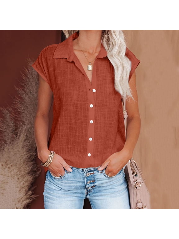 Womens Tops Cotton Linen Button down Shirts Cap Sleeve Curved Hem Collared Tops Casual Loose Summer Lightweight Tops