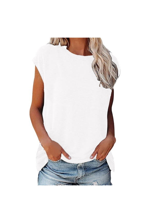 Womens Tops Crew Neck Cap Sleeve Casual Tees Shirts Solid Color Side Split Loose Basic Blouses