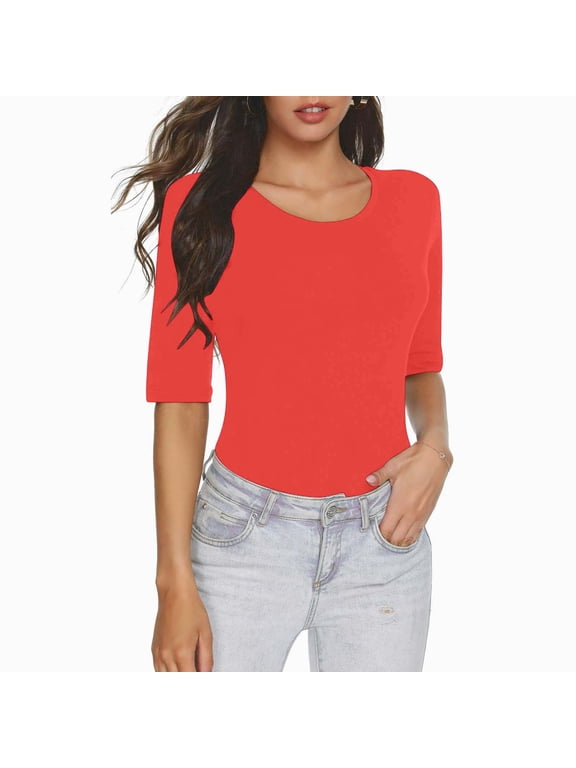 Womens Tops Elbow Length Sleeve Round Neck Slim Fitted Crop Tops Casual Summer Cute Basic Tee Tops