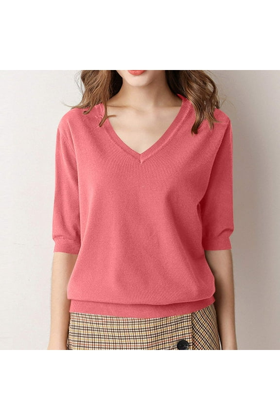 Womens Tops Elbow Length Sleeve V Neck Loose Fitted Tee Tops Casual Summer Comfy Solid Color Trendy Tops