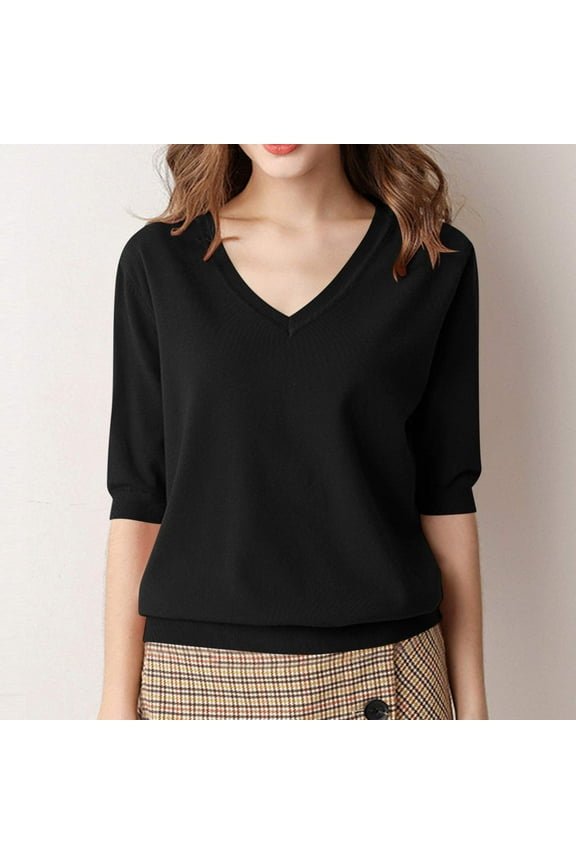 Womens Tops Elbow Length Sleeve V Neck Loose Fitted Tee Tops Casual Summer Comfy Solid Color Trendy Tops