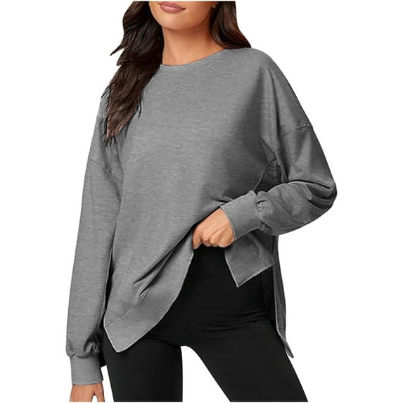 Chbgutlmr Womens Tops Fall Loose Long Sleeve Drop Shoulder Crewneck Pullover High Low Hem Side Slit Casual Sweatshirt