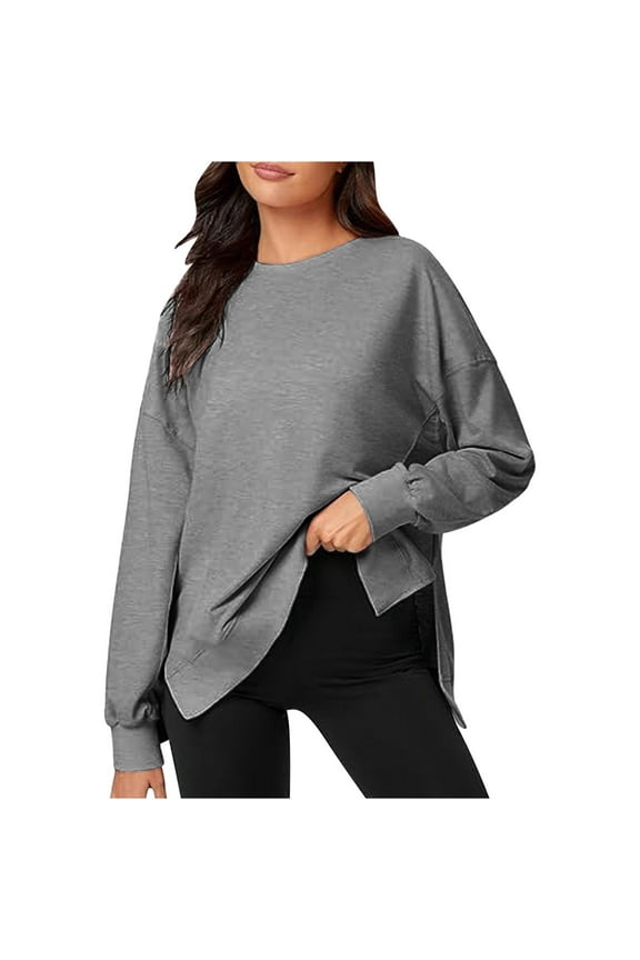 Womens Tops Fall Loose Long Sleeve Drop Shoulder Crewneck Pullover High Low Hem Side Slit Casual Sweatshirt
