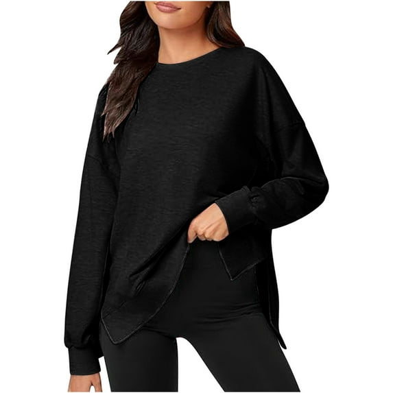 Chbgutlmr Womens Tops Fall Loose Long Sleeve Drop Shoulder Crewneck Pullover High Low Hem Side Slit Casual Sweatshirt