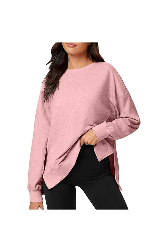 Womens Tops Fall Loose Long Sleeve Drop Shoulder Crewneck Pullover High Low Hem Side Slit Casual Sweatshirt