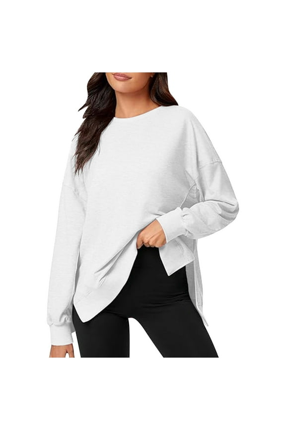 Womens Tops Fall Loose Long Sleeve Drop Shoulder Crewneck Pullover High Low Hem Side Slit Casual Sweatshirt