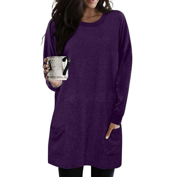 Chbgutlmr Womens Tops Long Sleeve Crew Neck Cinch Cuff Tunic Tops with Pockets Casual Loose Fall Comfy Solid Color T-Shirt Tops