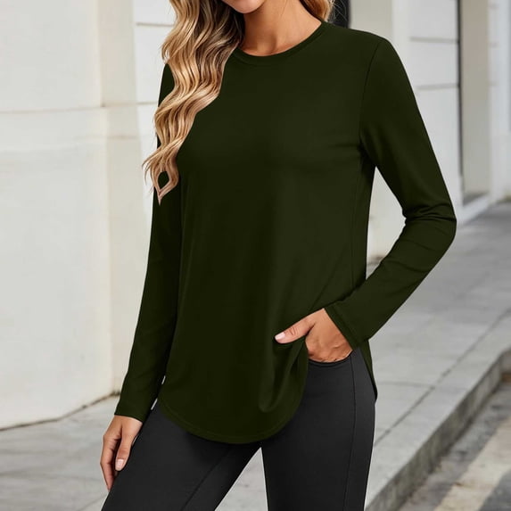 Chbgutlmr Womens Tops Long Sleeve Crew Neck Curved Hem T-Shirts Casual Loose Fall Comfy Basic Solid Color Tops