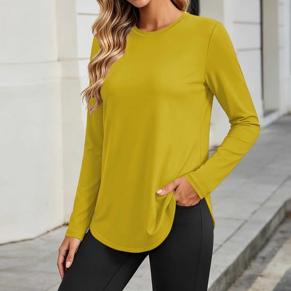Chbgutlmr Womens Tops Long Sleeve Crew Neck Curved Hem T-Shirts Casual Loose Fall Comfy Basic Solid Color Tops