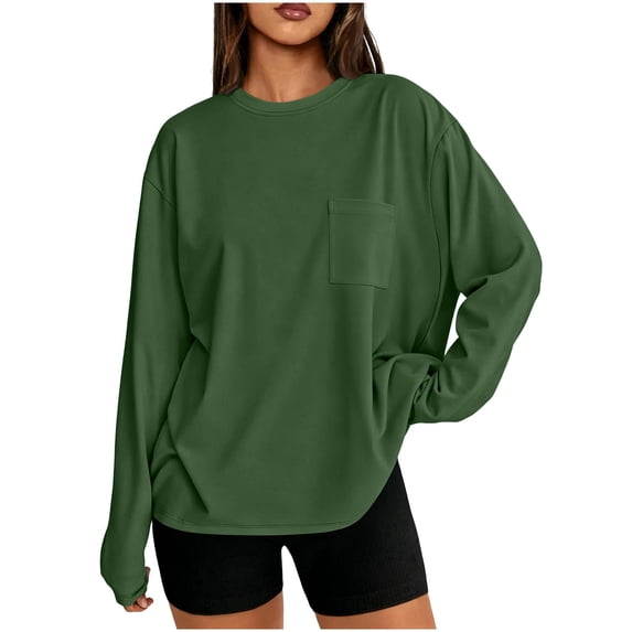 Chbgutlmr Womens Tops Long Sleeve Crew Neck Oversized T-Shirts with Pocket Casual Loose Fall Solid Color Basic Tops