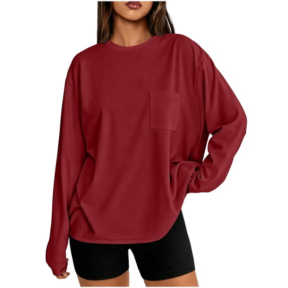 Chbgutlmr Womens Tops Long Sleeve Crew Neck Oversized T-Shirts with Pocket Casual Loose Fall Solid Color Basic Tops
