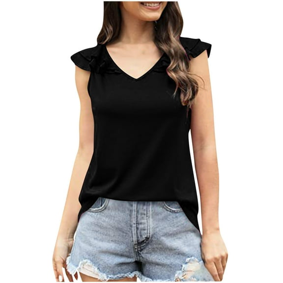 Chbgutlmr Womens Tops Ruffle Sleeve Casual T Shirts Summer V Neck Solid Color Slim Fitting Dressy Tees Tops