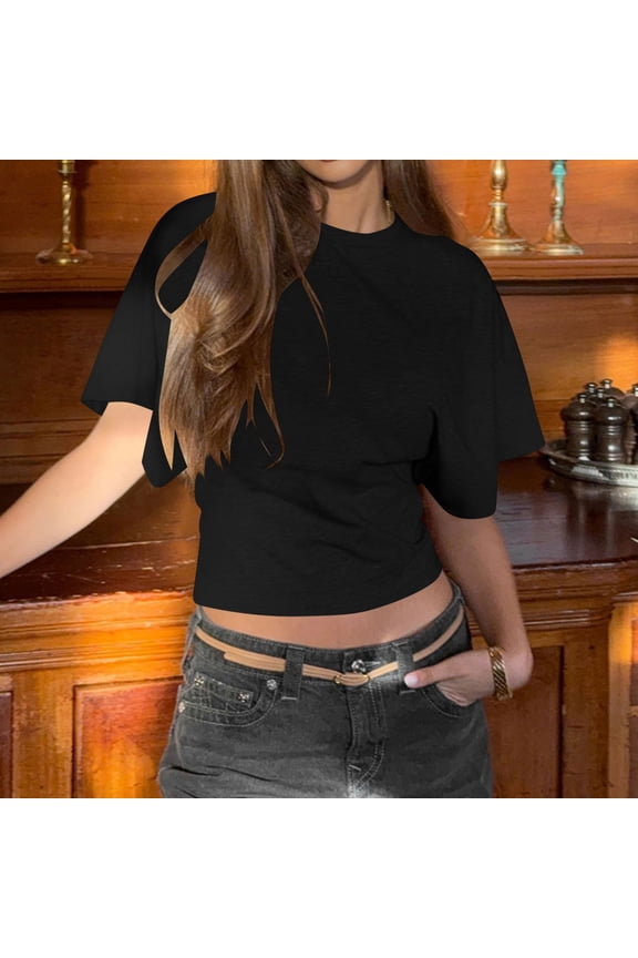 Womens Tops Short Sleeve Crew Neck Fitted Crop Tops Casual Summer Comfy Plain T-Shirt Tops