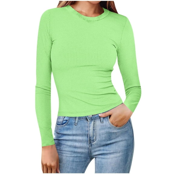 Chbgutlmr Womens Tops Solid Color Slim Long Sleeve Ribbed Knitted Blouses Crewneck Comfy Going Out Tops