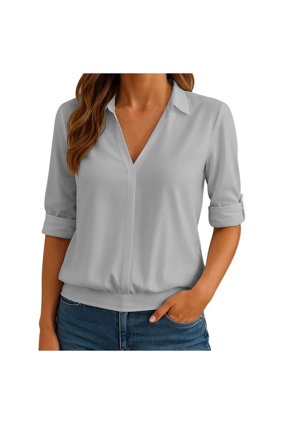 Womens Work Tops Lapel V Neck Solid Color Lightweight Loose Casual Business Office Shirts Blouses