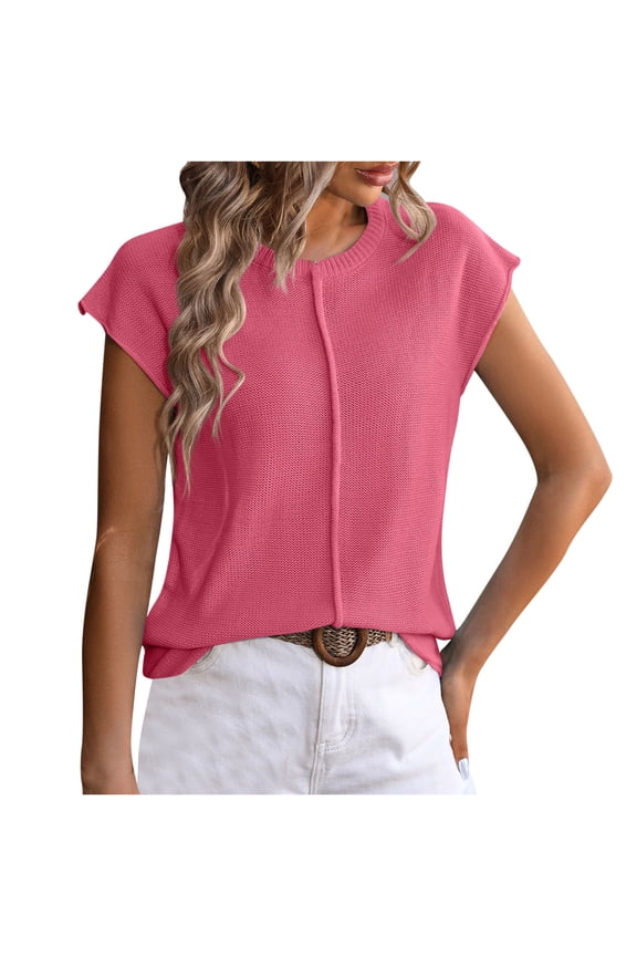 Work Tops for Women Cap Sleeve Dressy Casual Crewneck Knitted Sweaters Loose Fitting Pullover