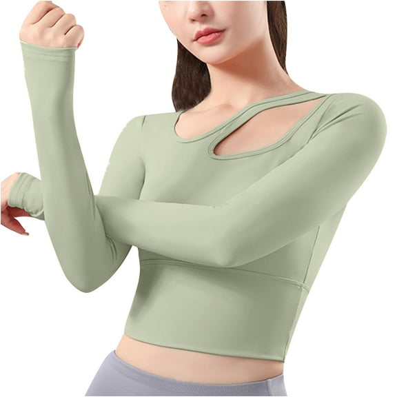 Chbgutlmr Workout Tops for Women Cutout Long Sleeve Solid Color Tight Gym Athletic Sports Yoga Crop Tops