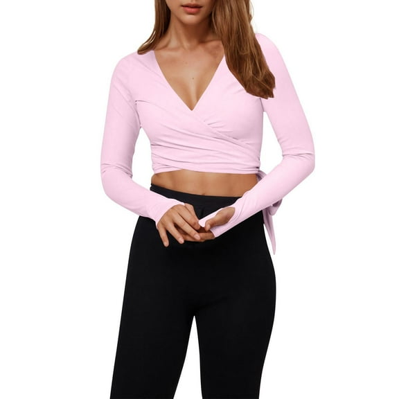 Chbgutlmr Workout Tops for Women Deep V Neck Dance Wrap Shirt Long Sleeve Slim Comfy Tie Back Crop Tops