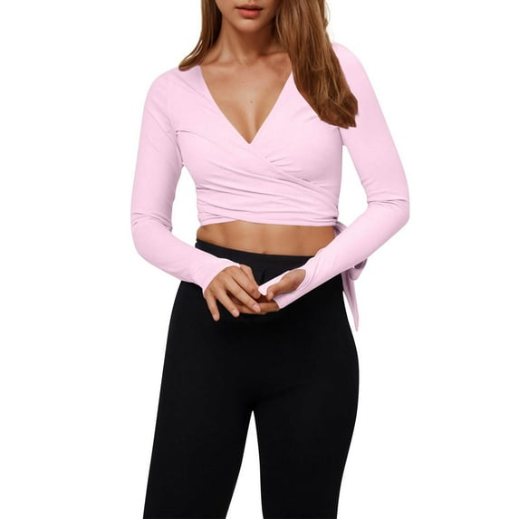 Chbgutlmr Workout Tops for Women Deep V Neck Dance Wrap Shirt Long Sleeve Slim Comfy Tie Back Crop Tops