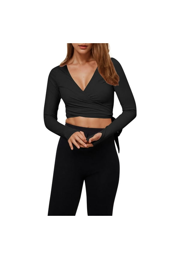 Workout Tops for Women Deep V Neck Dance Wrap Shirt Long Sleeve Slim Comfy Tie Back Crop Tops