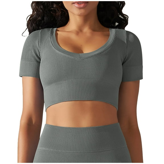 Chbgutlmr Workout Tops for Women Short Sleeve Ribbed Knit Slim Yoga Tshirts Round Neck Stretch Crop Tops