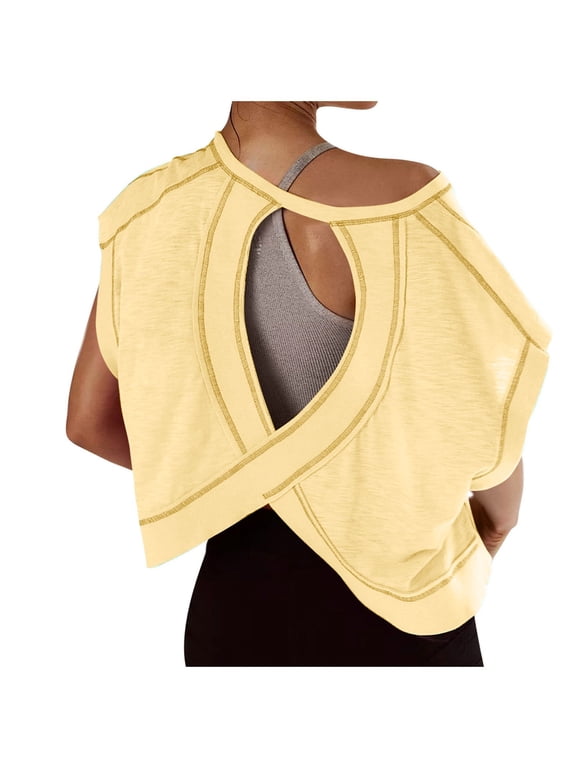 Yoga Tops for Women Round Neck Short Sleeve Oversize Tees Backless Athletic Gym Workout Tops