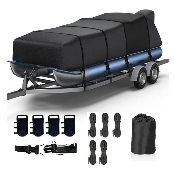 17-20 ft 420D Pontoon Boat Covers Waterproof PU Coating Marine Grade Cover with Adjustable Windproof Tightening Strap & Anti-UV, Beam Width up to 96"