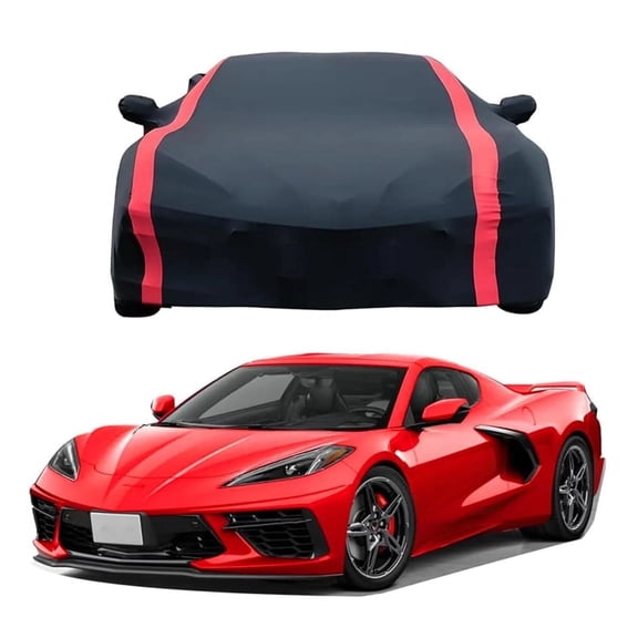 Stretch Satin DustProof Protection Full Car Cover Compatible with C-orvette C8 Stingray Z51 Z06 E-Ray 2020-2025 (Black Red Strip)