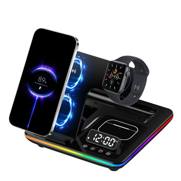 CheAAlet 3-in-1 Wireless Charger with RGB Night Light and Alarm Clock, Foldable 15W Fast Charging Wireless Station for Phone, Watch, Earphones, and Portable Multi-Device Wireless Charging Stand