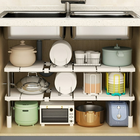 CheAAlet Adjustable Under Sink Shelf Organizer, Space-Saving Kitchen and Bathroom Storage Rack, White