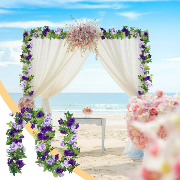 CheAAlet Artificial Rose Flower Garland, Fake Vines Silk Floral Hanging Plant for Wedding Arch, Home, Party, Garden Decor - Pink/Purple 7.9ft