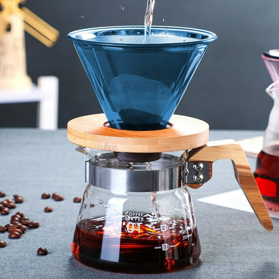 CheAAlet Coffee Filter Mug with Coffee-Colored Glass Design, Portable Hand Brew Coffee Filter Glass Mug,Drip Coffee Maker with Reusable Glass Filter,Removable Wooden Base Coffee Filter Mug Set