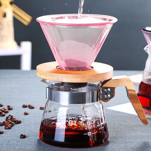 CheAAlet Coffee Filter Mug with Coffee-Colored Glass Design, Portable Hand Brew Coffee Filter Glass Mug,Drip Coffee Maker with Reusable Glass Filter,Removable Wooden Base Coffee Filter Mug Set