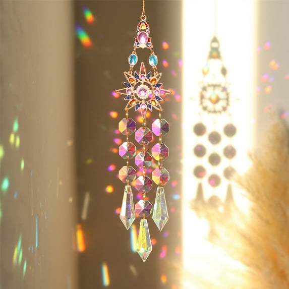 CheAAlet Multicolor Crystal Wind Chimes for Windows - Boho Suncatcher Prisms, Spiritual Purification Ornament, Iron & Glass Garden Decoration, 15.7x1.97