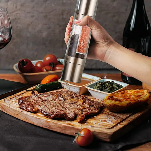 CheAAlet Premium 2-in-1 Pepper Grinder Set - Adjustable Coarseness, Stainless Steel with Acrylic Body, Easy to Use and Clean silver