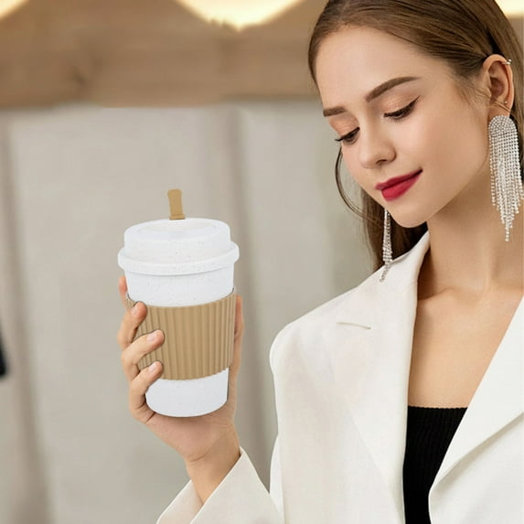 CheAAlet Reusable Coffee Cup with Tropical Leak-Proof Lid 鈥?Vacuum insulated Travel Mug for Hot & Cold Beverages, Eco-Friendly White Straw & Black Plastic