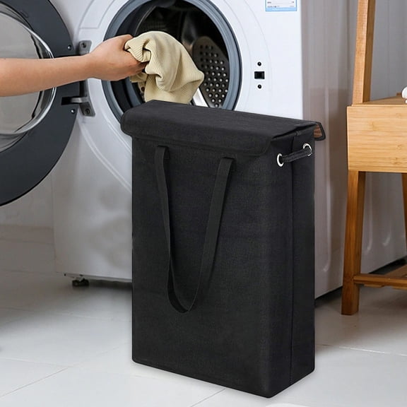COFEST Tall & Thin 45L Laundry Hamper with Lid and Handles for Space-Saving Bathroom, Bedroom, and Dorm Organization Black