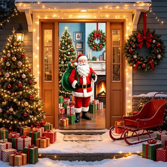 Cheap Christmas Decorations Clearance for Home – Christmas Class Door Cover 70.87x35.43 inch, Santa Claus Holding Gifts Christmas Tree Scene Door Covers Decorative, Winter Front Door Decor (B)