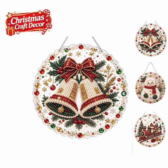 Cheap Christmas Pearl Diamond Art Diy Kits for Adults, Shiny Rhinestone Acrylic Window Hanging Pendant, Festive Hand‑made Home Wall Christmas Decoration Gift(Bow and Chimes Style)