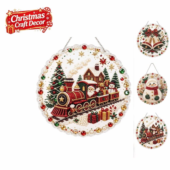 Cheap Christmas Train Pearl Diamond Art Diy Kits for Adults, Shiny Rhinestone Acrylic Window Hanging Pendant, Festive Hand‑made Home Wall Christmas Decoration Gift(Steam Train Style)