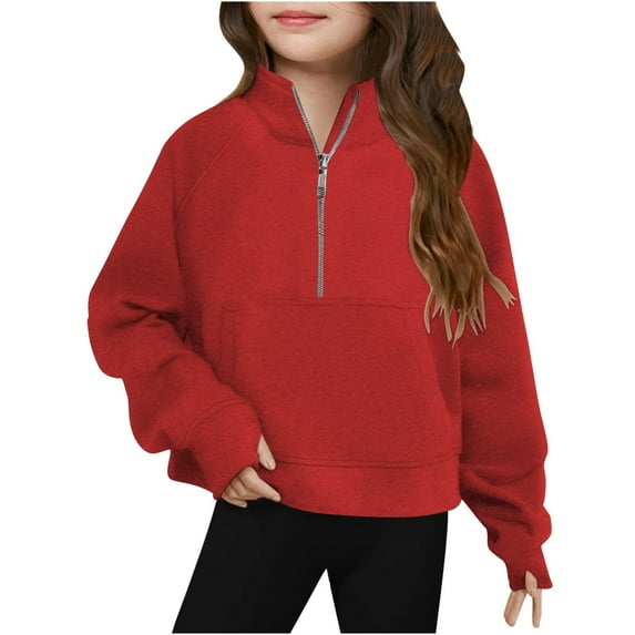 Cheap Clearance on Sale Middle Big Girls Half Zip Crewneck Sweatshirt Long Sleeve Pullover Tops Kids Fleece Sweatshirts