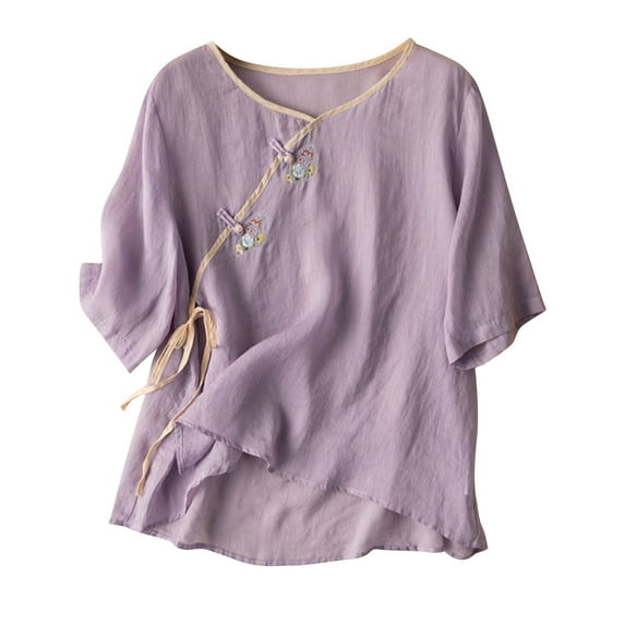 Cheap Cotton Linen Embroidered Tops for Women Summer Short Sleeve Blouses Frog Button Top Casual Solid Color V Neck T Shirts