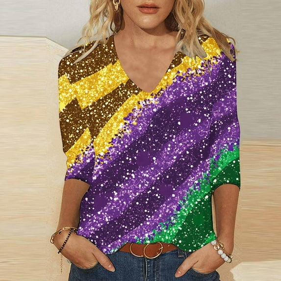 Cheap Mardi Gras Shirts for Women Bling Glitter Blouse Fashion Printed Tops Color Blocking Shirt Casual 3/4 Sleeve Shirt Top